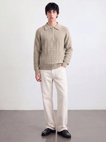 Manfinity Homme Men's Cable Knit Raglan Sleeve Zip-Up Casual Sweater - Khaki - View 5