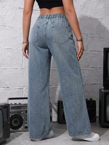 Jeanoix CURVE Plus Size Light Blue Distressed Denim Wide Leg Jeans, High Waist Slimming Lazy Relaxed American Street Style Extra Long Straight Leg Pants - Light Wash - View 6