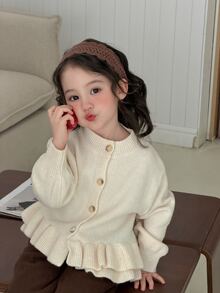 DAZY Infant/Toddler (Girl) Ruffle Trim Casual Korean Style Solid Color Autumn/Winter Long Sleeve Cardigan - Apricot - View 1