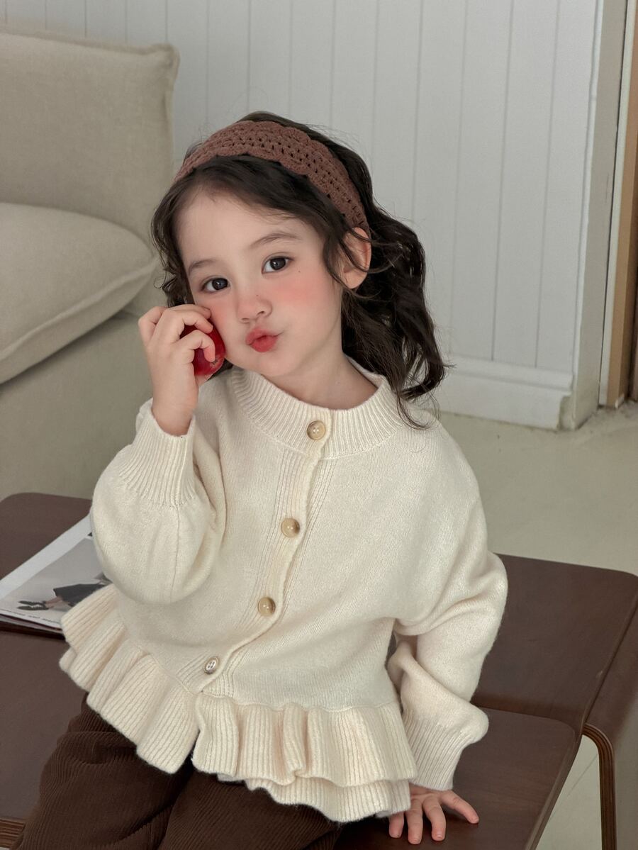 DAZY Infant/Toddler (Girl) Ruffle Trim Casual Korean Style Solid Color Autumn/Winter Long Sleeve Cardigan - Apricot - View 1