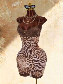 Amplova Gaun Mini Cami Motif Zebra dengan Renda Kontras Seksi untuk Wanita - Mocha Brown - View 3