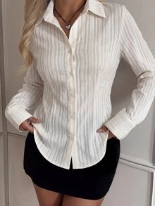 SHEIN EZwear قميص نسائي بلون موحد كاجوال متعدد الاستخدامات للارتداء اليومي - أبيض - مشاهدة 3