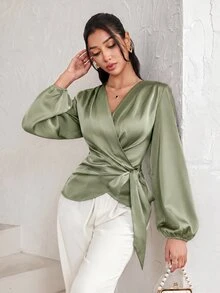 Modelyn 女款優雅商務通勤燈籠袖不對稱綁帶長袖襯衫 - 綠色 - 查看 8