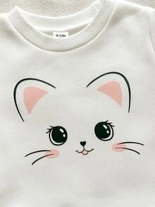 SHEIN Vintaside Kids 3件組幼女背心T恤喇叭褲套裝，可愛甜美粉色白色貓咪圖案，絎縫拉鍊羅紋長袖，生日派對冬季秋季假期穿搭 - 淺粉色 - 查看 11