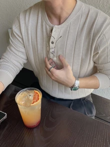 DAZY 男士春秋淺灰色麻灰針織圓領半開鈕扣寬螺紋毛衣 - 淺灰色 - 查看 4