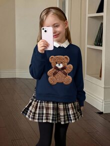 SHEIN LMoss Kids 少女復古時尚百搭休閒日常穿搭，適合秋季冬季，適用於外出與校園 - 寶藍色 - 查看 2