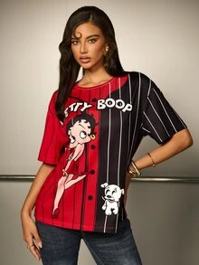 Betty Boop x SHEIN تي شيرت نسائي بأكمام قصيرة مطبوع عليه حروف رسومية - الأحمر - مشاهدة 3