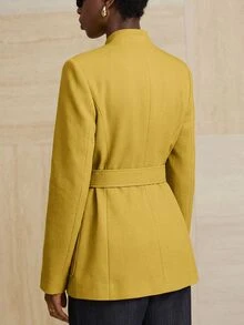 Aveloria Modichic 女款寬肩收腰紋理立領多口袋金屬扣腰帶優雅黃色純色秋季外套，適合萬聖節穿搭 - 黃色 - 查看 2