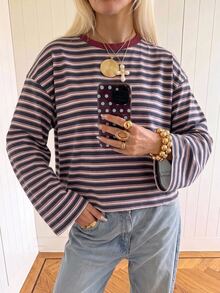 SHEIN EZwear 女款休閒圓領寬鬆長袖T恤，條紋T恤，秋季女裝，適合日常通勤、聚會、夏季、聖誕節、新年、感恩節、派對、婚禮、海灘、出遊、約會、情人節，優雅度假Y2K風 - 彩色 - 查看 4