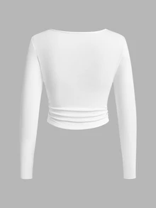 SHEIN LUNE 2-Pack Of Women's Solid Color Square Neck Long-Sleeved Ruched Casual T-Shirts - White - View 6