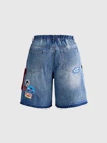 ROMWE Street Life Patch Denim Shorts Mid-Length Streetwear Versatile Cross Letter Emoticon Graphic Plus Size Loose Fit - Blue - View 3