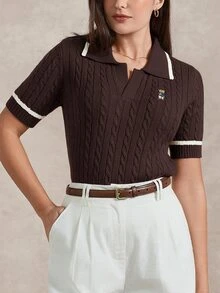 Briarwyn Women's Cartoon Bear Pattern Collared Short Sleeve Knit Top - Brown - View 9