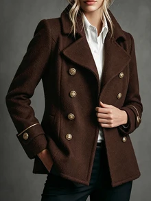 SHEIN Women's Navy Blue Double-Breasted Knit Dragon & Phoenix Wool Coat, French Style Commuter Lapel Slimming Jacket - Brown - View 4