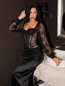 Allurite Women's Sexy Goth Lace Sheer Boned Fitted Top Halloween Night Club Black Floral Autumn - Black - View 5