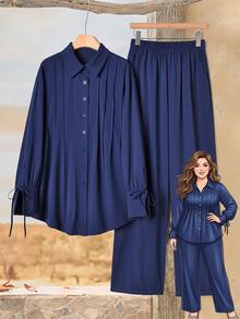 Rusticease Setelan 2 Potong Atasan dan Celana Panjang Lengan Panjang dengan Hiasan Ikat Warna Polos untuk Wanita Ukuran Besar - Navy Blue - View 1