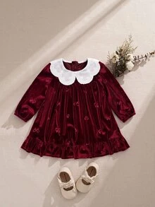 Baby Girl Bowknot Jacquard Velvet Peter Pan Collar Waist Cinched Pleated Ruffle Thick Dress Suitable For Winter And Christmas - Burgundy - View 3