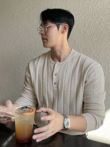 DAZY 男士春秋淺灰色麻灰針織圓領半開鈕扣寬螺紋毛衣 - 淺灰色 - 查看 7