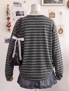 SHEIN EZwear 95%棉休閒極簡圖案對比色圓領長袖T恤，條紋T恤，秋季服飾，適合日常通勤、聚會、夏季、聖誕節、新年、感恩節、派對、婚禮、海灘、出遊、約會、情人節，優雅，度假，Y2K - 彩色 - 查看 2