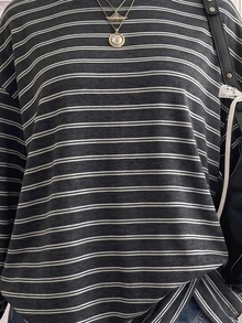 SHEIN EZwear 95%棉休閒極簡圖案對比色圓領長袖T恤，條紋T恤，秋季服飾，適合日常通勤、聚會、夏季、聖誕節、新年、感恩節、派對、婚禮、海灘、出遊、約會、情人節，優雅，度假，Y2K - 彩色 - 查看 7