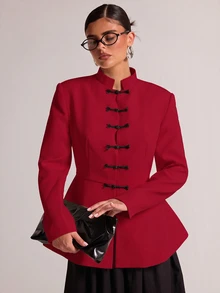 SHEIN BAE 女款紅色立領盤扣長袖開衩時尚西裝外套 - 紅色 - 查看 6