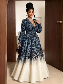 Maweii Gaun Ukuran Besar Motif Leopard Warna Blok dengan Leher Surplice untuk Musim Gugur - Biru - View 4