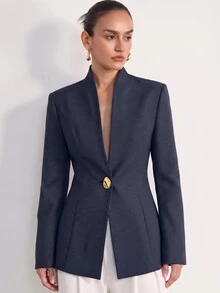 Aveloria Modichic 女款修身收腰結構感西裝外套，精紡千鳥格深V領金色鈕扣不對稱下擺現代深灰色微千鳥格秋季夾克 - 藏蓝色 - 查看 5