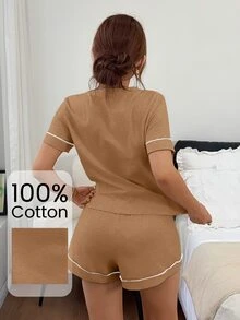 Napfluff طقم بيجامة نسائي محبوك برقبة دائرية وأكمام قصيرة مع شورت مزين - بني - مشاهدة 2