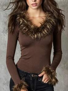 LUMIGAL Women's Autumn Patchwork Faux Fur V-Neck Long Sleeve Fashion T-Shirt - Coffee Brown - View 1