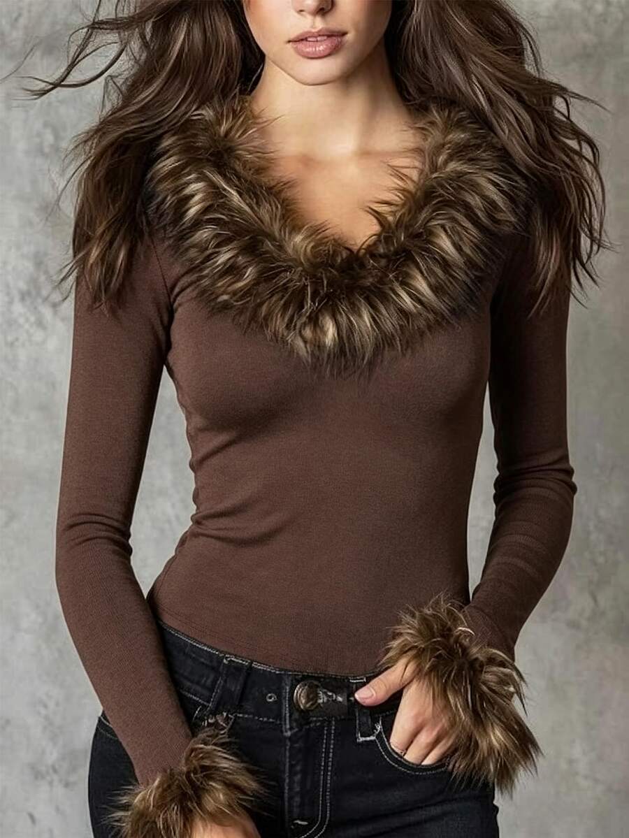 LUMIGAL Women's Autumn Patchwork Faux Fur V-Neck Long Sleeve Fashion T-Shirt - Coffee Brown - View 1