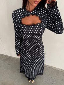 Aloruh Minimalist Commuter Contrast Lace Cutout Long Sleeve Black & White Polka Dot Long Dress For Women - Black and White - View 1