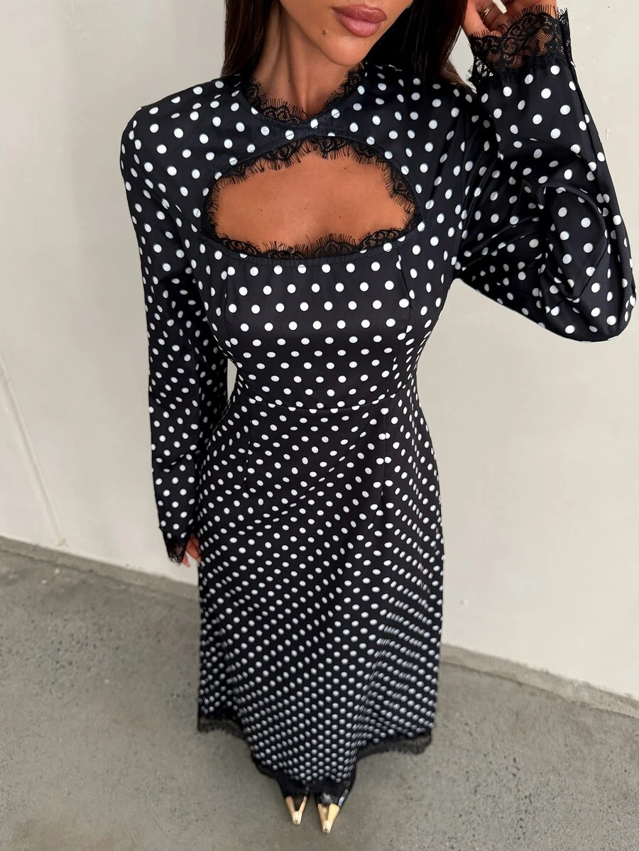 Aloruh Minimalist Commuter Contrast Lace Cutout Long Sleeve Black & White Polka Dot Long Dress For Women - Black and White - View 1