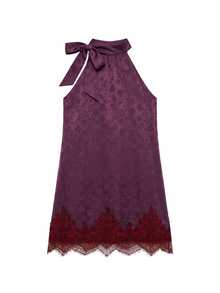 Nöista Burgundy Jacquard Halter Mini Dress With Neck Tie, Flared Fit And Lace Hem. Fall, Winter, Party, Evening, Romantic, Dinner, Christmas, Night Out. - Purple - View 10