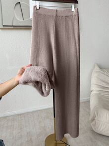 Franclia 女款高腰保暖內裡加厚針織寬鬆休閒修身打底褲 - 摩卡棕 - 查看 2