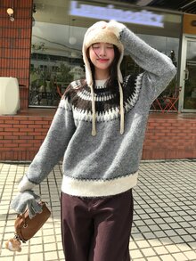 DAZY Women's Round Neck Contrast Color Autumn/Winter Korean Style Long Sleeve Sweater - Grey - View 6