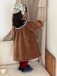 DAZY Infant (Girl) Round Neck Color Block Long Sleeve Autumn/Winter Dress - Coffee Brown - View 3