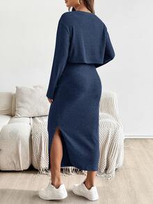 SHEIN Maternity Solid Color Round Neck Short Sleeve Top And Skirt 2 Pieces Set - Navy Blue - View 2
