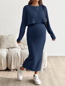 SHEIN Maternity Solid Color Round Neck Short Sleeve Top And Skirt 2 Pieces Set - Navy Blue - View 4