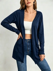 SHEIN LUNE 女款素色長袖開襟休閒輕便夾克 - 藏蓝色 - 查看 1