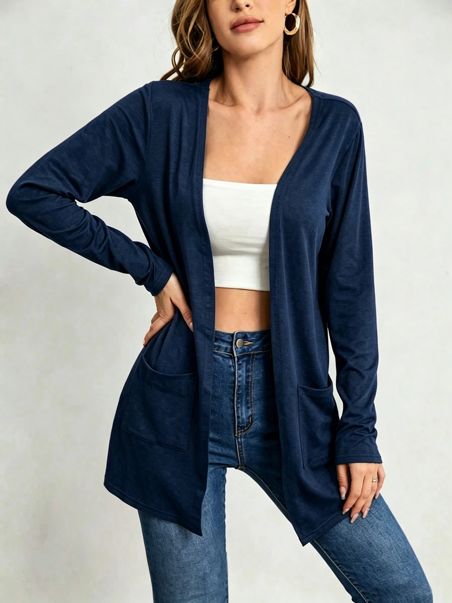 SHEIN LUNE 女款素色長袖開襟休閒輕便夾克 - 藏蓝色 - 查看 1