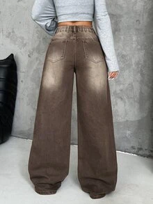 SHEIN Tall 女款街頭風交叉腰釦口袋寬鬆牛仔褲 - 棕色 - 查看 5