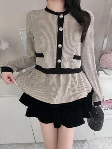 FRIFUL Women's Contrast Trim 3D Button Decor Camisole Top And Casual Loose Cardigan 2 Pieces Set - Apricot - View 5