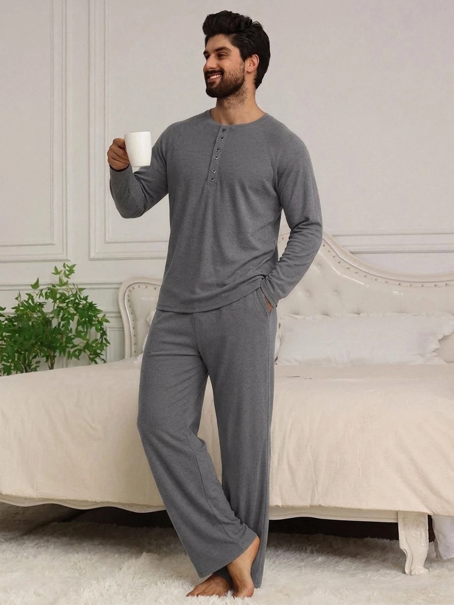 DAZY Men's Long Sleeve Crew Neck Half Button Placket Top And Pants Loungewear Set - Grey - View 1