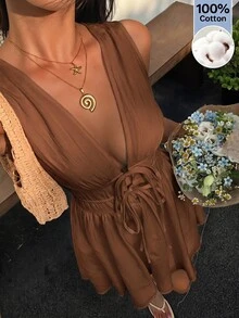 SHEIN EZwear 女款深V領收腰梭織無袖迷你洋裝 - 棕色 - 查看 3