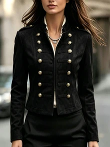 SHEIN Franclia Women Fall Winter Faux Suede Military Cropped Jacket Stand Collar Double Breasted Gold Button Shoulder Epaulets Vintage Open Front Short Coat Outerwea - Black - View 4