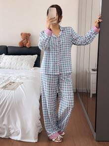 SHEIN Women's Spring/Autumn Loose Sweet Pink & Blue Colorblock Plaid Bow Element Long Sleeve Pajama Set Loungewear - Blue - View 6
