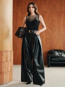 Anewsta French Spring/Summer Elegant Sophisticated Sexy Hollow Mesh Fitted Knit Sleeveless Tank Top T-Shirt - Black - View 5