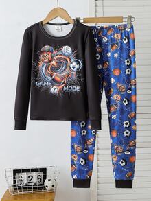 男童長袖長褲修身睡衣家居服套裝，新品上市，附人氣足球、橄欖球、棒球與酷炫圖案印花，適合男孩 - 黑色 - 查看 3