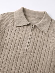 Manfinity Homme Men's Cable Knit Raglan Sleeve Zip-Up Casual Sweater - Khaki - View 6