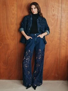 Anewsta Fashionable Modern Dark Wash Denim Jeans With Patchwork Lace Design, Casual Commute Style For Women, Autumn - Dark Wash - View 5