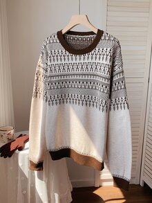 Comfortcana Sweater Kasual Serbaguna Lengan Panjang Bergaris Kerah Bulat untuk Wanita - Aprikot - View 9